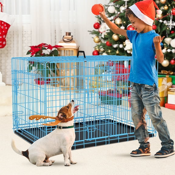 30 inch Dog Crate for Medium Small Dogs Folding Portable Metal Dog Cage Kennel Double Door Pet Crate with Divider and Tray, Blue