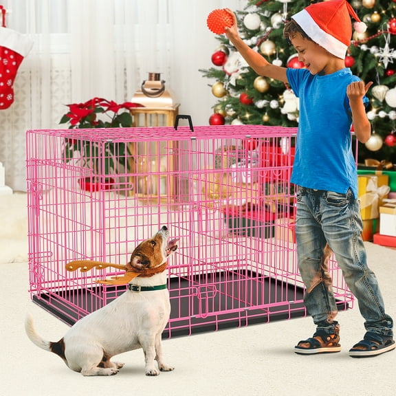 30 inch Dog Crate for Medium Small Dogs Folding Portable Metal Dog Cage Kennel Double Door Pet Crate with Divider and Tray, Pink
