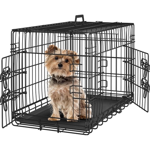 30 inch Double Door Dog Crate w/Divider for Puppy, Collapsible Metal Dog Kennel with Removable Tray, Portable Travel Cage, Black