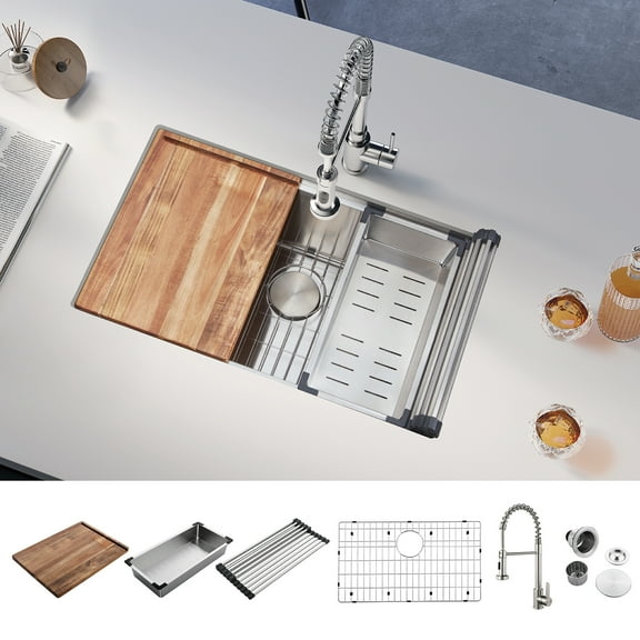 30-inch Drop In Stainless Steel Kitchen Sink Workstation Kitchen Sink With FAUCET Grid cutting board colander drying rack and Strainer