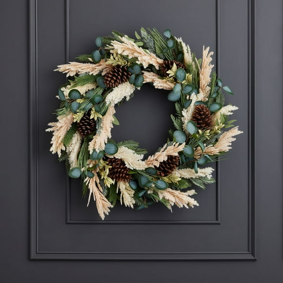 30 inch Eucalyptus, Pampas and Pinecone Wreath, Artificial Indoor All Season Home Décor - by Seasonal LLC