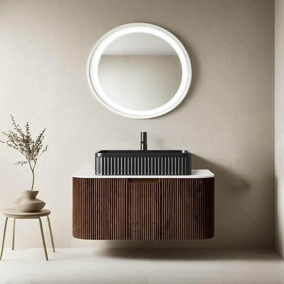 30 inch Floating Bathroom Vanity with Sink, Natural Solid Wood Modern Bathroom Vanities with Ultra-Thin Ceramic Basin and Marble Top, Soft-Close Drawer, Pre-Assembled, Walnut with Black