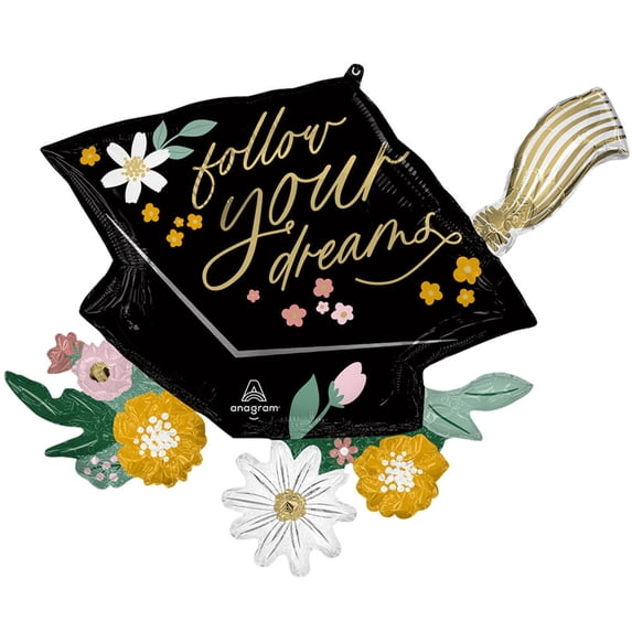 30 inch Follow Your Dreams Grad Cap Blooms Foil Mylar Balloon - Party Supplies Decorations