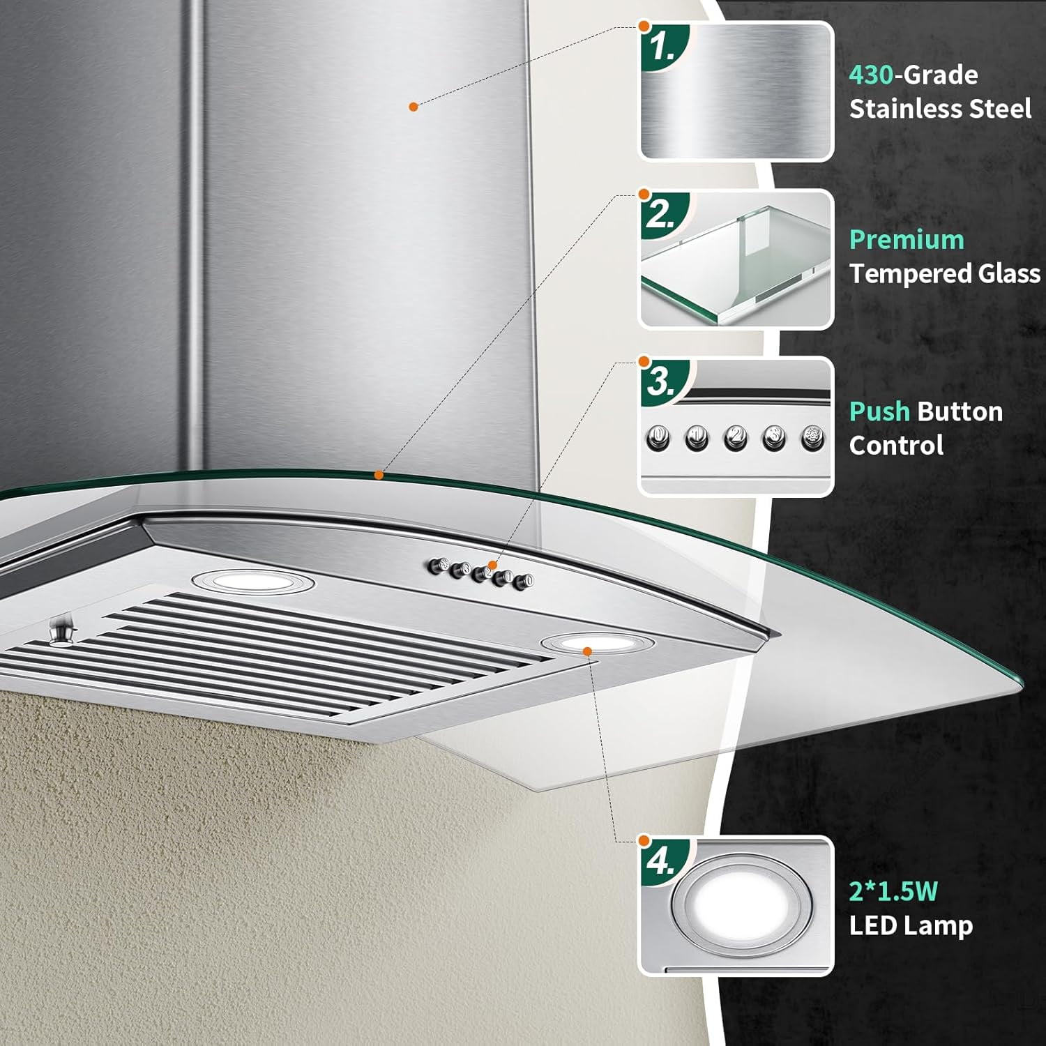 30 inch Glass Wall Mount Range Hood 450CFM Kitchen Cook 3-Speed Touch Control Range Hood 30 Inch, Tieasy Wall Mount Kitchen Hood with Ducted/Ductless Convertible Duct, Stainless Steel Chimney