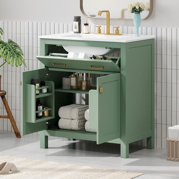 30-inch Green Bathroom Vanity with Ceramic Sink, Sturdy Solid Wood Frame / Soft Close Doors, Versatile Storage for Modern Bathrooms