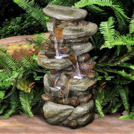 30-inch H Outdoor Water Fountain w/LED Lights Water Feature for Home