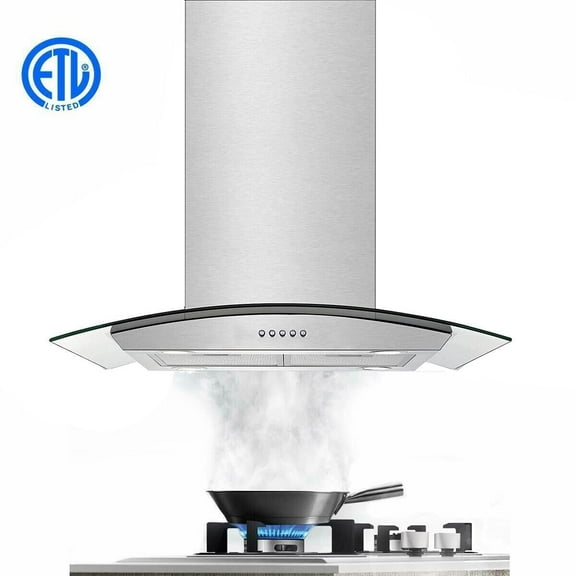 30 inch Island Mount Range Hood 900CFM Tempered Glass 3-Speed Vent Hood Stainless Steel Dishwasher