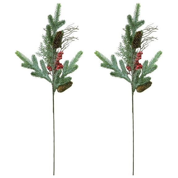 30 inch Large Christmas Greenery Flower Picks - Artificial Pine with Red Holly Berries and Pinecone Stem Spray For Crafts Party Home Decoration Wreath (Set of 2) (Pine With Red Berries)