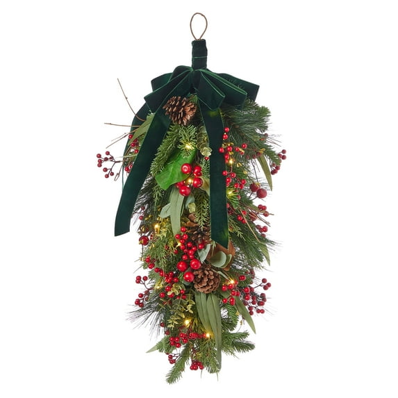 30 inch Magnolia Leaf, Eucalyptus, and Red Berry Mantel Swag, Pre-Lit with LED Fairy Lights, Artificial Christmas Indoor Home Décor, Battery-Operated - by Seasonal LLC