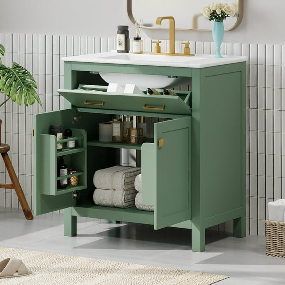 30-inch Modern Bathroom Vanity, Ceramic Sink and MDF Boards / Secure Storage, Soft Close Hinges