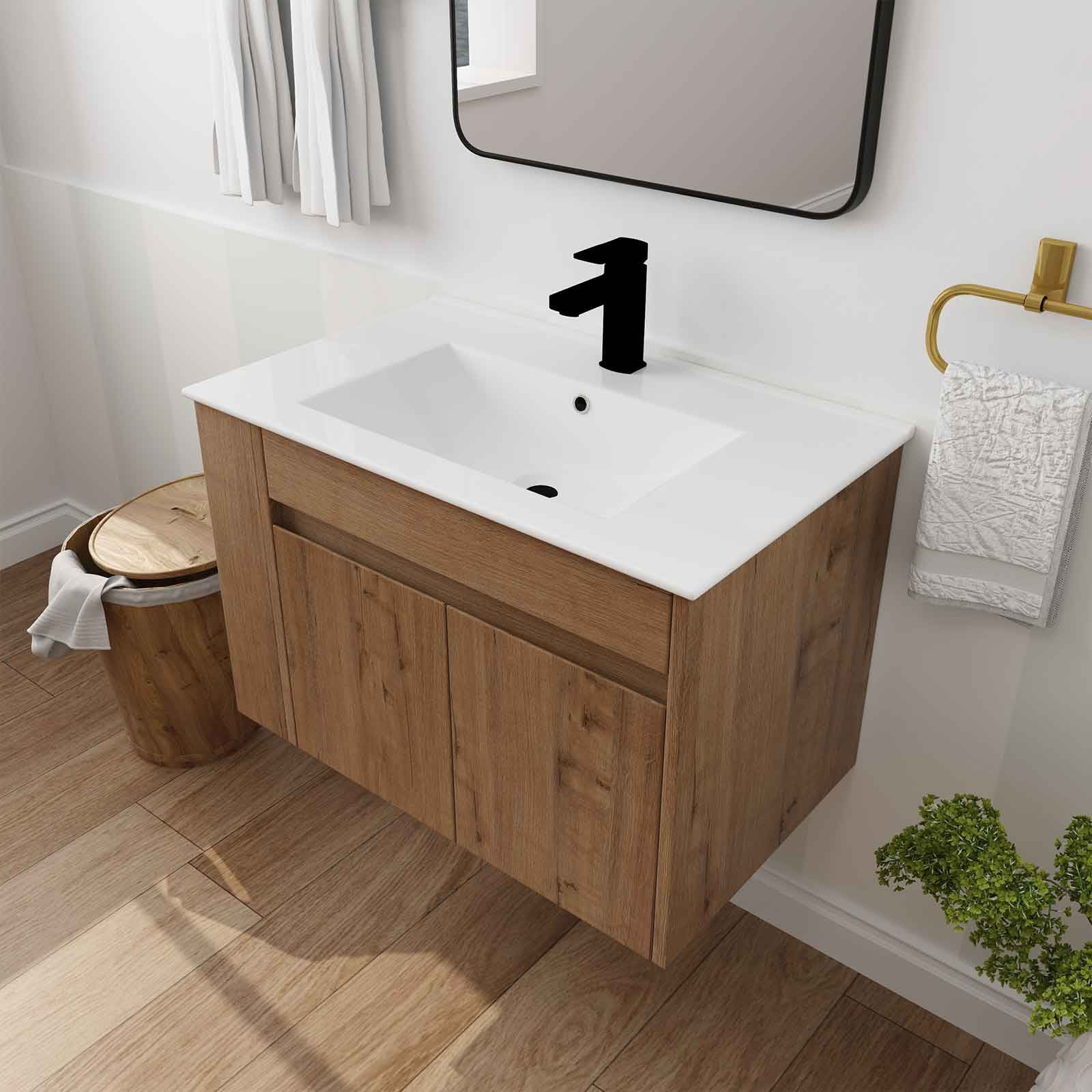 30 inch Modern Bathroom Vanity with Ceramic Basin Sink, Wall Mounted  Washstand with 2-Tier Side Storage Shelf \u0026 Solid Wood Frame - Walmart.com, image size:1600x1600