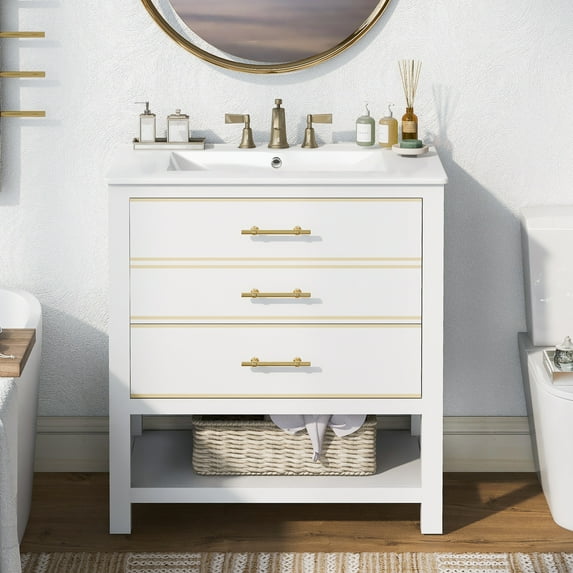 30-inch Modern White Bathroom Vanity with Sink, Open Storage, Two Drawers, Gold Handles, Wood and MDF, Easy Assembly
