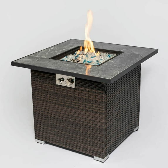 30-inch Outdoor Propane Fire Table with Lid, Glass Rocks & Rain Cover - Premium Fire Pit Table