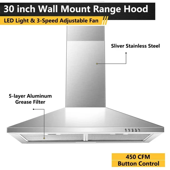 30 inch Range Hood 30 inch Wall Mount Range Hood in Stainless Steel With Ducted/Ductless Convertible,Stove Vent Hood with Aluminum Filters,3 Speed Exhaust Fan,LED Light,Button Control