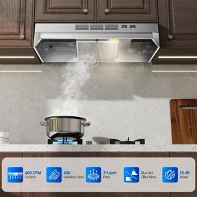 30 inch Range Hood Under Cabinet Stainless Steel Kitchen Hood Cooker Hood 400CFM Ducted/Ductless Vent LED Vent Hood with Rocker Button Control Stove Hood with 2 Speeds Fan for Kitchen