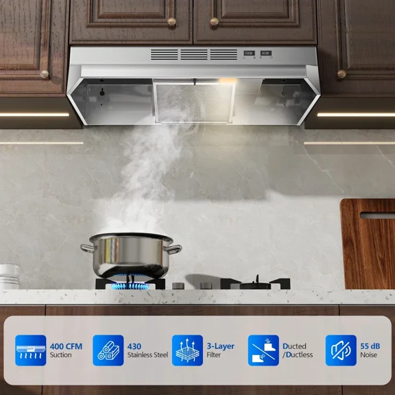 30 inch Range Hood Under Cabinet Stainless Steel Kitchen Hood Cooker Hood 400CFM Ducted/Ductless Vent LED Vent Hood with Rocker Button Control Stove Hood with 2 Speeds Fan for Kitchen