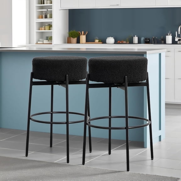 30 inch Round Bar Stools Set of 2,Upholstered Counter Height, Backless Kitchen Island Seating, Boucle Fabric,Black