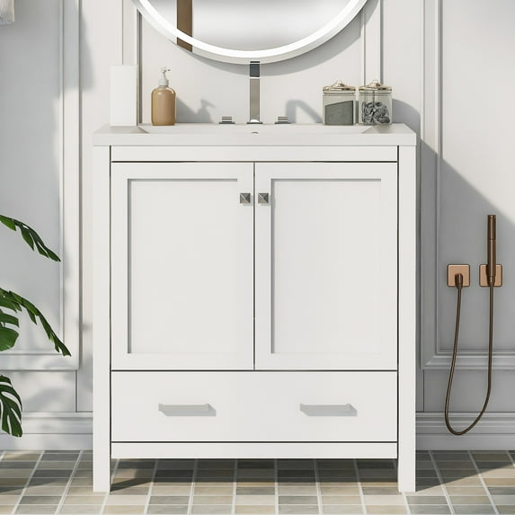 30-inch Single Sink White Bathroom Vanity, Dual Door and Drawer, Robust Wood Build, Quick to Set Up