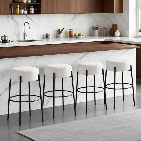 30 inch Swivel Round Bar Stools Set of 4, Upholstered Counter Height, Backless Kitchen Island Seating, Boucle Fabric,White