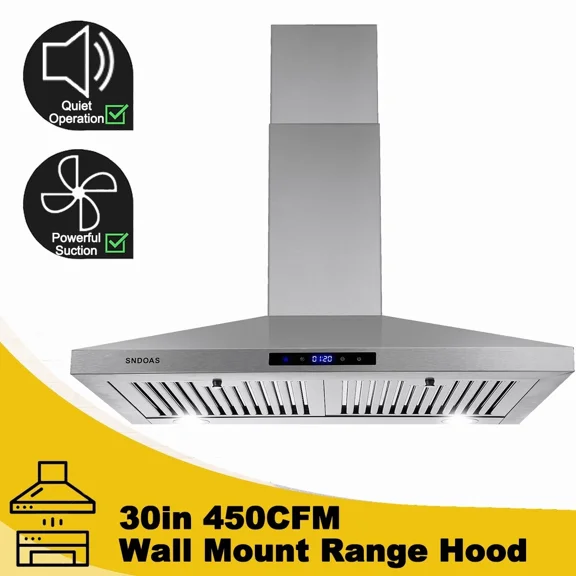 30 inch Wall Mount Range Hood 30 inches,Stainless Steel Wall Mount Range Hood,Vent Hood 30 inch w/Touch Control,Ducted/Ductless Convertible,Chimney-Style Over Stove Vent Hood,Kitchen Hood,Baffle Filt