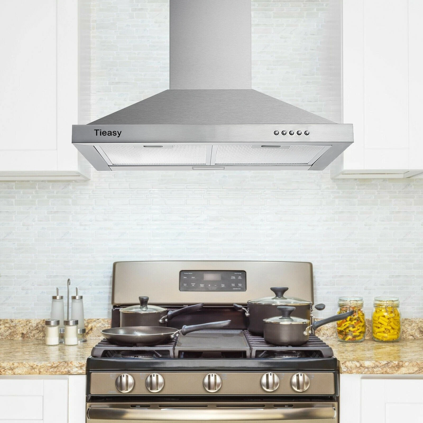 30 inch Wall Mount Range Hood 450 CFM with Ducted/Ductless Convertible Duct Stainless Steel Chimney-Style Over Stove Vent Hood with LED Light 3 Speed Exhaust Fan Black Hood Vents for Kitchen