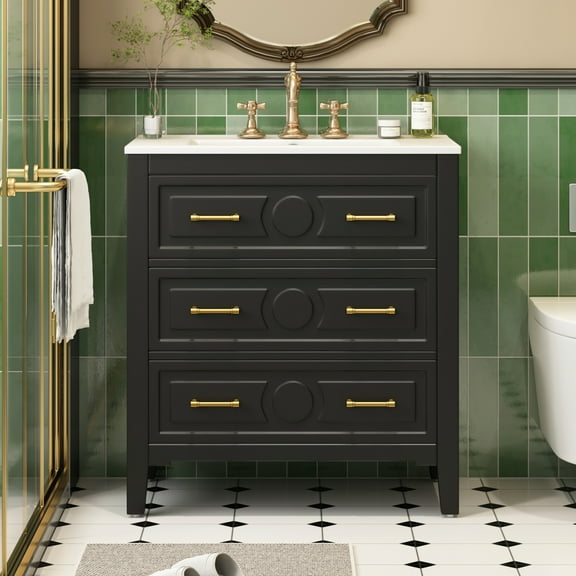 30 inch White Bathroom Vanity with Ceramic Sink, 3 Drawers Storage, Solid Wood Frame, Retro Freestanding Cabinet with Gold Handles for Bathroom