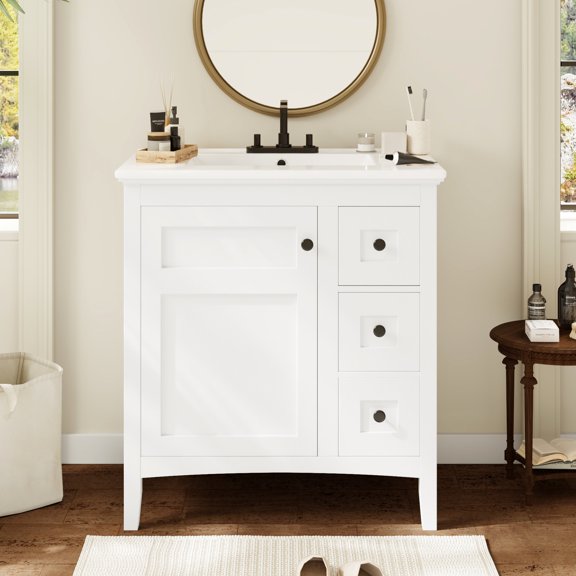 30-inch, White, Rectangular Shape - Three Drawers, Hidden Door Design - Modern Bathroom - Comfortable and Convenient