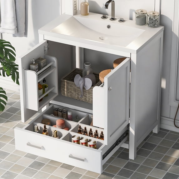 30-inch White Single Sink Bathroom Vanity, 2 Doors and 1 Drawer, Sturdy Wood Frame, Multifunctional, Quick Setup