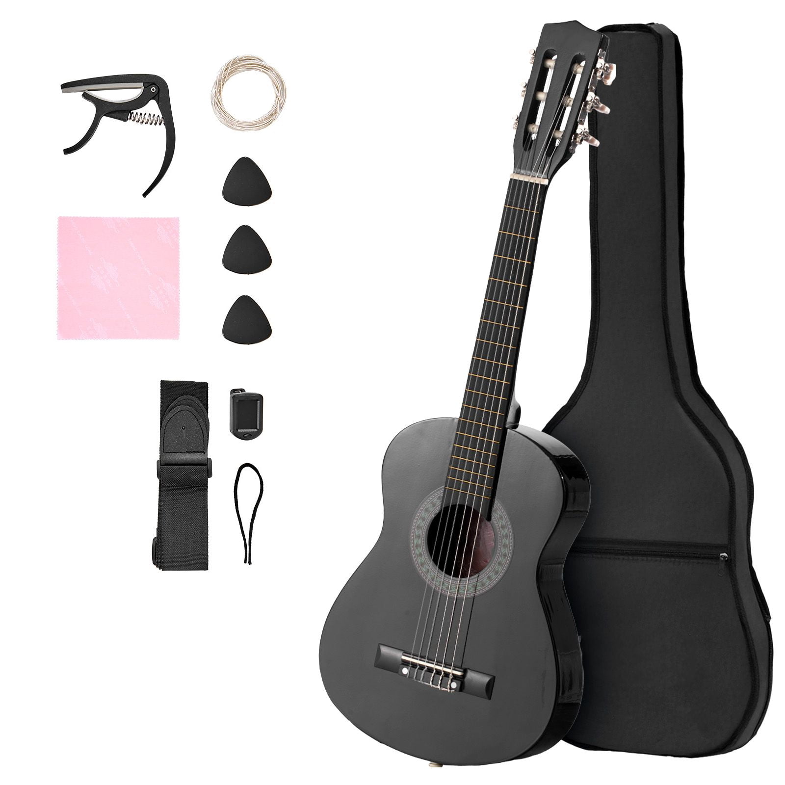 30 inch classical guitar starter kit, nylon strings, wooden, with guitar case, tuner, strap, black