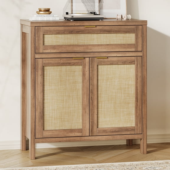 30-inch dining cabinet and sideboard, with drawers and adjustable shelves, made of rattan and wood, modern sideboard for storage, Bohemian style