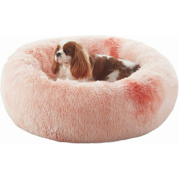 30 inches Donut Dog Bed for Medium Dogs,Calming Fluffy Round Pet Bed with Removable & Washable Cover,Fits up to 45 lbs Pets(Tie-dye Pink,Medium)