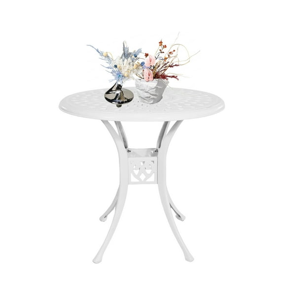 30 inches Patio Table with Umbrella Hole, Round Cast Aluminum Bistro Table for Porch Backyard, White