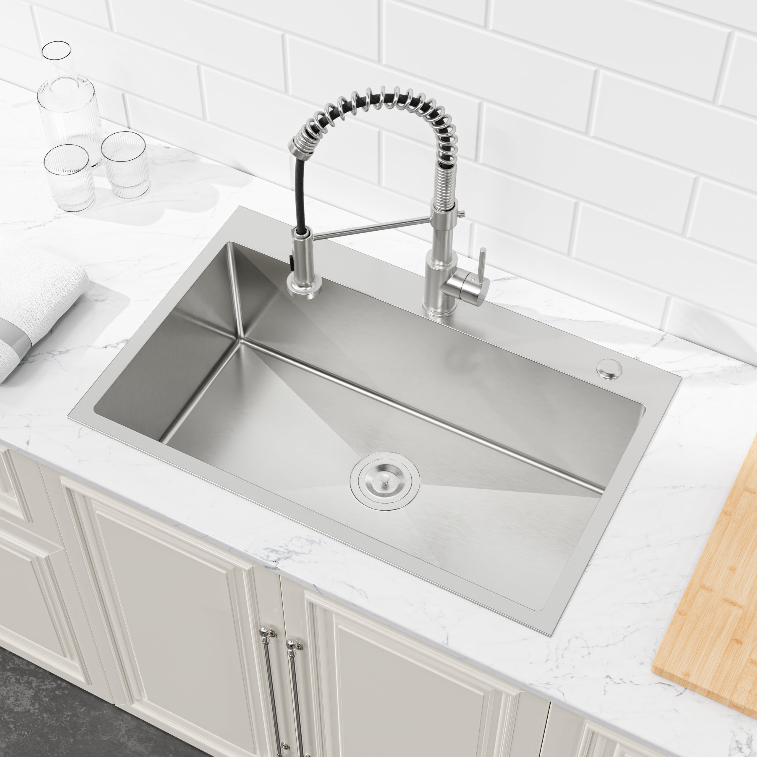 30-inx19-in Brushed Nickel Drop-In Kitchen Sink-Single Bowl 16 Gauge Stainless Steel Topmount Sink with US Drain And Hooks
