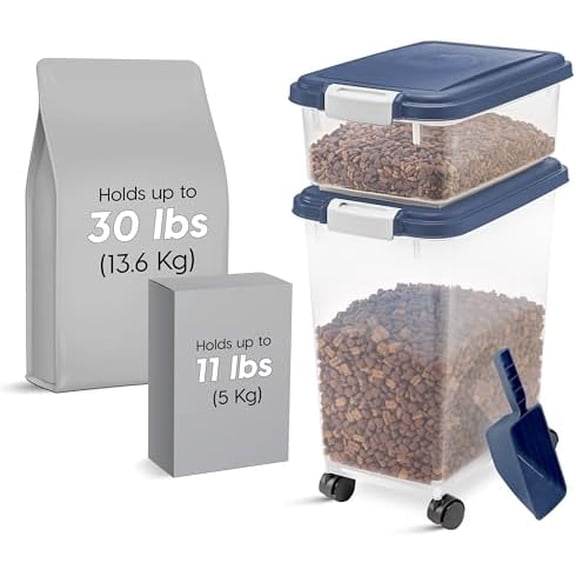 30 lbs & 11 lbs Combo Airtight Dog Food Storage Container, Stackable Treat Box, 2-Cup Scoop, Wheels, Keep Fresh, Easy Mobility, Navy