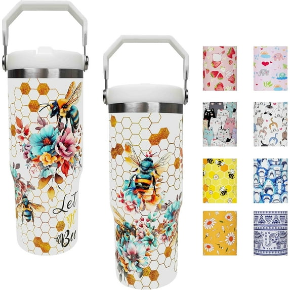 30 oz Bee Flip Straw Tumbler with Top Handle for Bee Lover Insulated Resuable Vacuum Tumbler with Flip Straw and Handle for Home Office Car Dishwasher Safe Bee