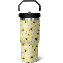 30 oz Bee tumbler With Handle Lid and Straw,Queen Bee Flip Straw Coffee Mug Cup Tumbler Water Bottles,Honey Bee themed Gifts for Women Daisy Flowers,Bee Decor