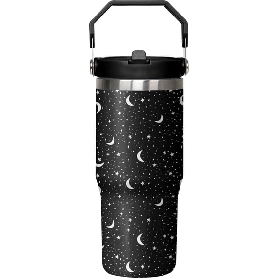 30 oz Black Bottle Spill Proof Mushroom Tumbler with Top Handle and Straw Lid Stainless Steel Double Wall Insulated Tumbler Coffee Mug Gift for Women Men Travel Cup for Car (Moon)
