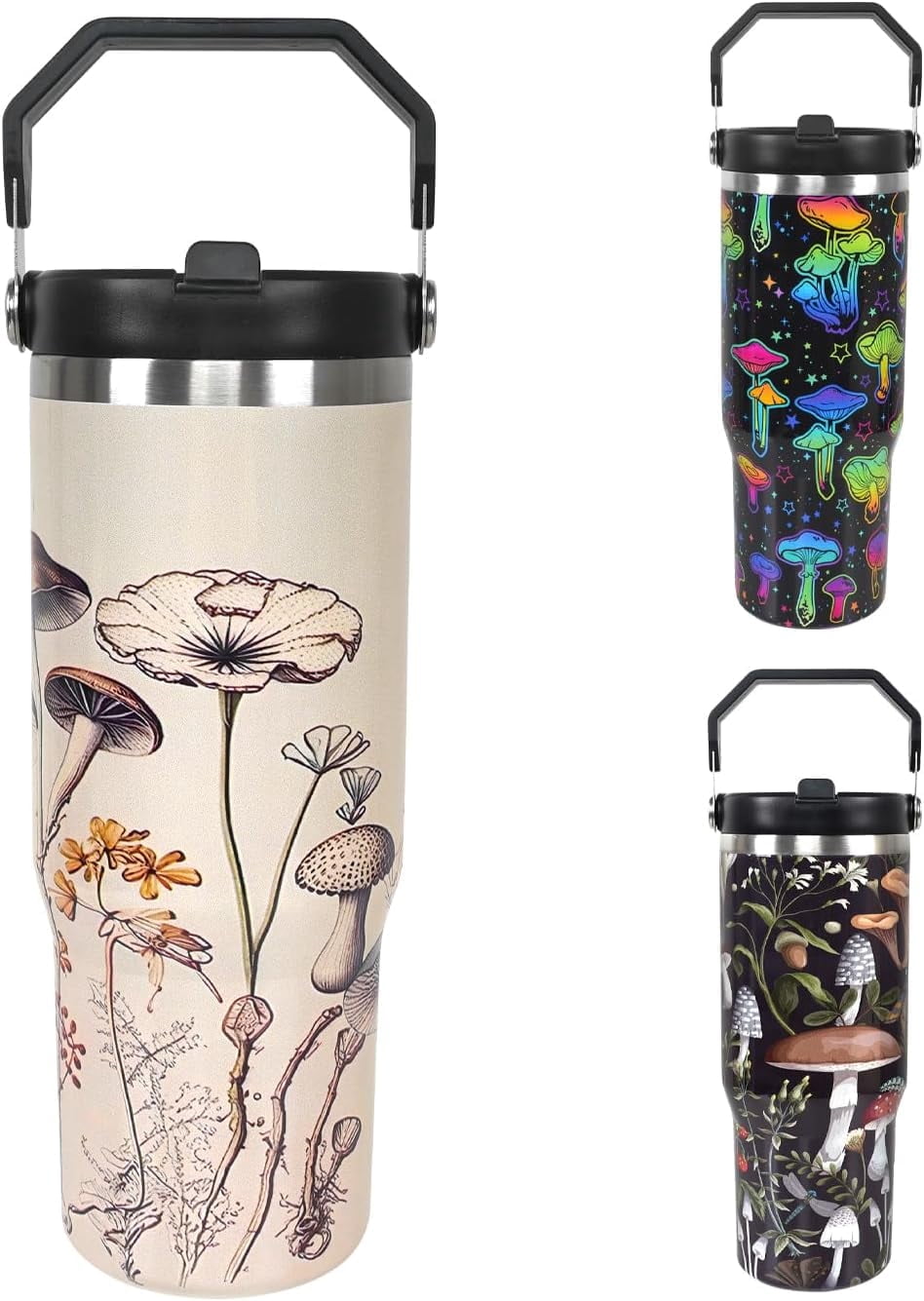 30 oz Black Bottle Spill Proof Mushroom Tumbler with Top Handle and Straw Lid Stainless Steel Double Wall Insulated Tumbler Coffee Mug Gift for Women Men Travel Cup for Car (Plant)