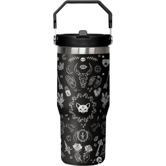 30 oz Black Bottle Spill Proof Mushroom Tumbler with Top Handle and Straw Lid Stainless Steel Double Wall Insulated Tumbler Coffee Mug Gift for Women Men Travel Cup for Car (Cat)