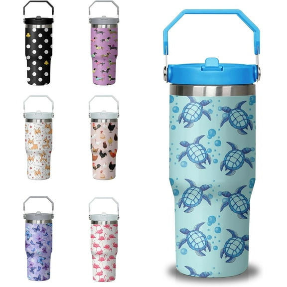 30 oz Blue Sea Turtle Tumbler with Handle and Flip Straw, Stainless Steel Insulated Cup with Lid and Straw, Travel Coffee Mug Water Bottle，Christmas Birthday Mothers Day Gifts for Women Animal Lovers