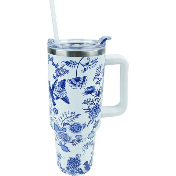 30 oz Blue and White Porcelain Tumbler with Handle and Straw Lid Leak Proof,Coffee Travel Mug with Handle Insulated for Hot and Cold Drink Ice, Mother''s Day Birthday Gifts for Women Mom Friend Wife