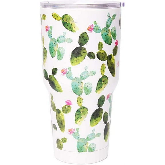 30 oz Cactus Tumbler, Stainless Steel Double Wall Insulated Vacuum Coffee Cup, Cute Cactus Print Drinking Thermos Travel Mug with Sliding Lid for Women Gifts