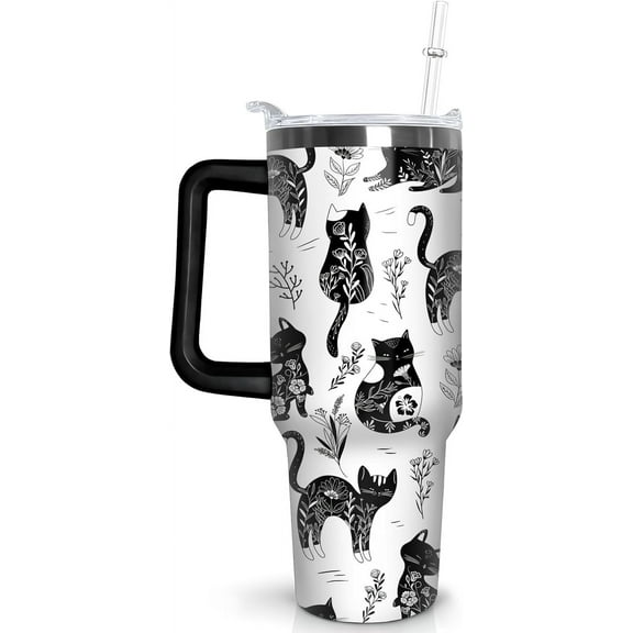 30 oz Cat Tumbler with Handle and Straw, Boho Kitty Stainless Steel Vacuum Insulated Travel Coffee Mug Cup Water Bottle, Cats Stuff Accessories Decor Gifts for Women Girls