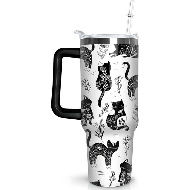 30 oz Cat Tumbler with Handle and Straw, Boho Stainless Steel Vacuum