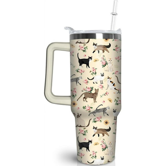 30 oz Cat Tumbler with Handle and Straw, Cat Floral Stainless Steel Vacuum Insulated Travel Coffee Mug Cup Water Bottle, Cat Stuff Accessories Decor, Cat Lover Gifts for Women Girls