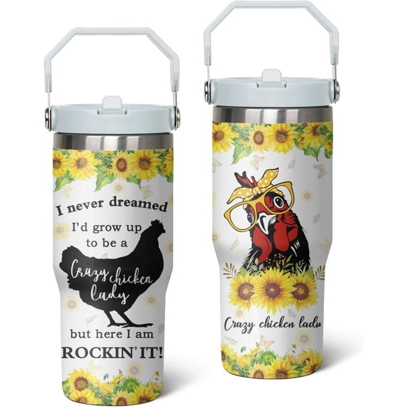 30 oz Chicken Lover''s Tumbler with Handle Vacuum Reusable Insulated, Featuring a Leak-proof 2-in-1 Lid and Straw - Sunflower-Themed Birthday, Christmas, Mother''s Day Gifts for Women Chicken Owners