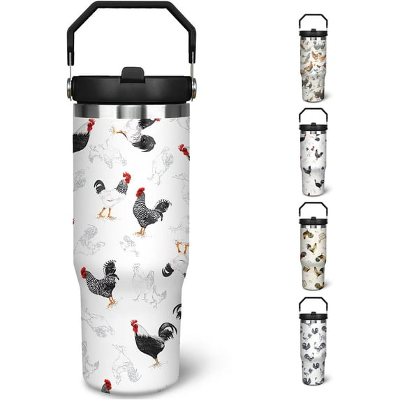 30 oz Chicken Tumbler With Handle and Straw, 30oz Rooster Flip Straw Tumbler Insulated Coffee Travel Mugs Cup Water Bottle Chicken Gifts for Elephant Lovers Women Girls
