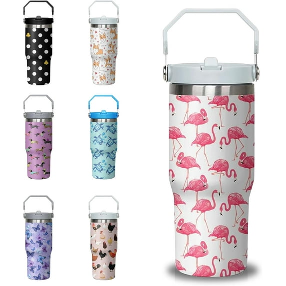 30 oz Cute Flamingot Tumbler with Handle and Straw, Stainless Steel Double Insulated Cup with Flip Straw, Travel Coffee Mug Water Bottle,Christmas Birthday Mothers Day Gifts for Women Animal Lovers