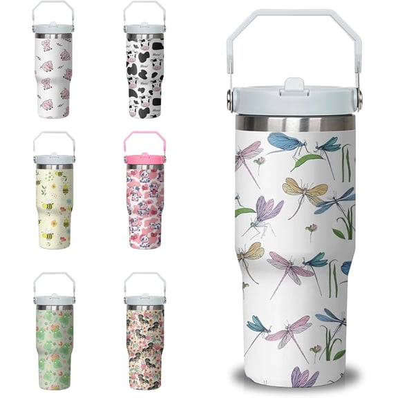 30 oz Dragonfly Tumbler with Handle and Flip Straw, Stainless Steel Insulated Cup with Lid and Straw,Travel Coffee Mug Water Bottle,Christmas Birthday Mothers Day Gifts for Women Animal Lovers
