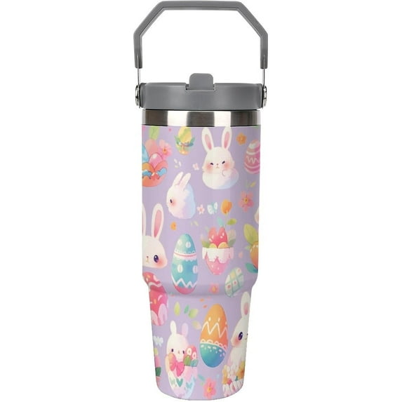 30 oz Easter Bunny Travel Tumbler Gifts for Girls, Insulated Stainless Steel Cup with Handle, Purple Easter Egg Pattern, Vacuum Sealed (Purple)